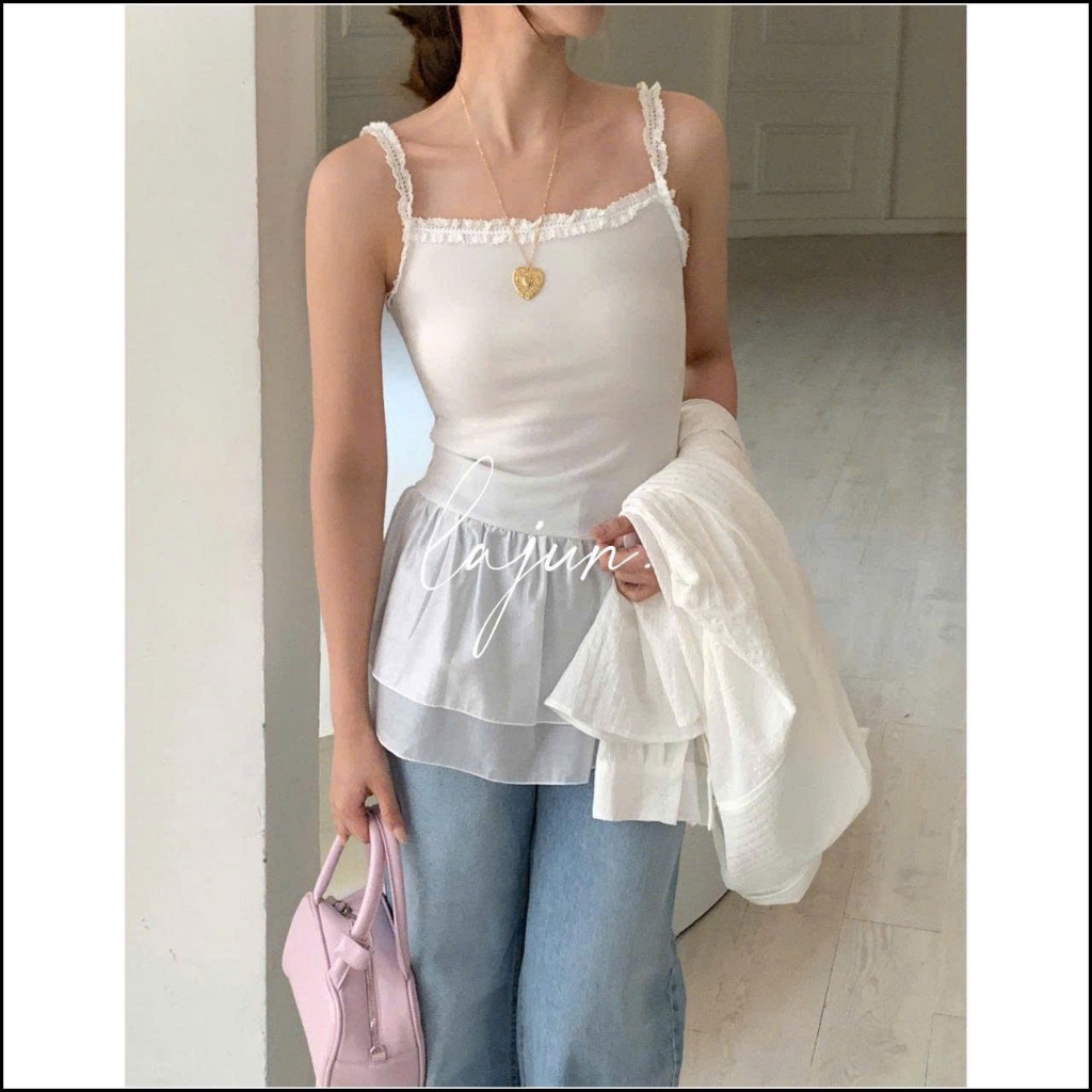 [LAJUN KOREA] Áo Dây Viền Ren Alice Thun Phối Voan Xoè Co Giãn Đáng Yêu Xuân Hè Hàn Quốc