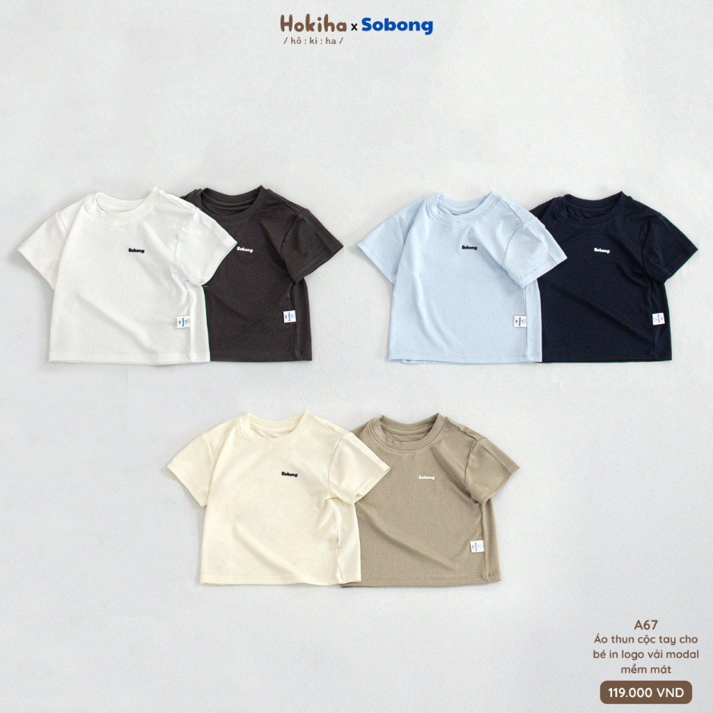 Áo cộc tay in logo cho bé trai, bé gái Hokiha vải modal mềm mại, thoáng mát size 8-17kg A67