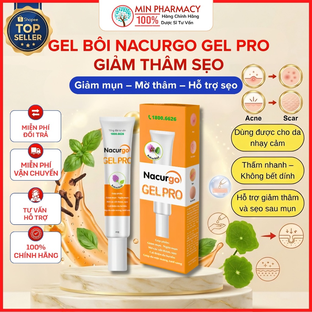Gel Mờ Thâm Sẹo Nacurgo Gel Pro Mờ Thâm Sẹo, Phục Hồi Da Sau Mụn Hiệu Quả (20g)  - Minpharmacy