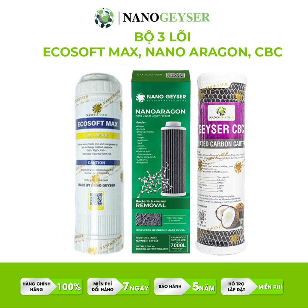 Bộ 3 lõi lọc nước Nano Geyser dùng cho máy Geyser Ecotar 3, 6 lõi Ecosoft max, Nano Aragon, CBC
