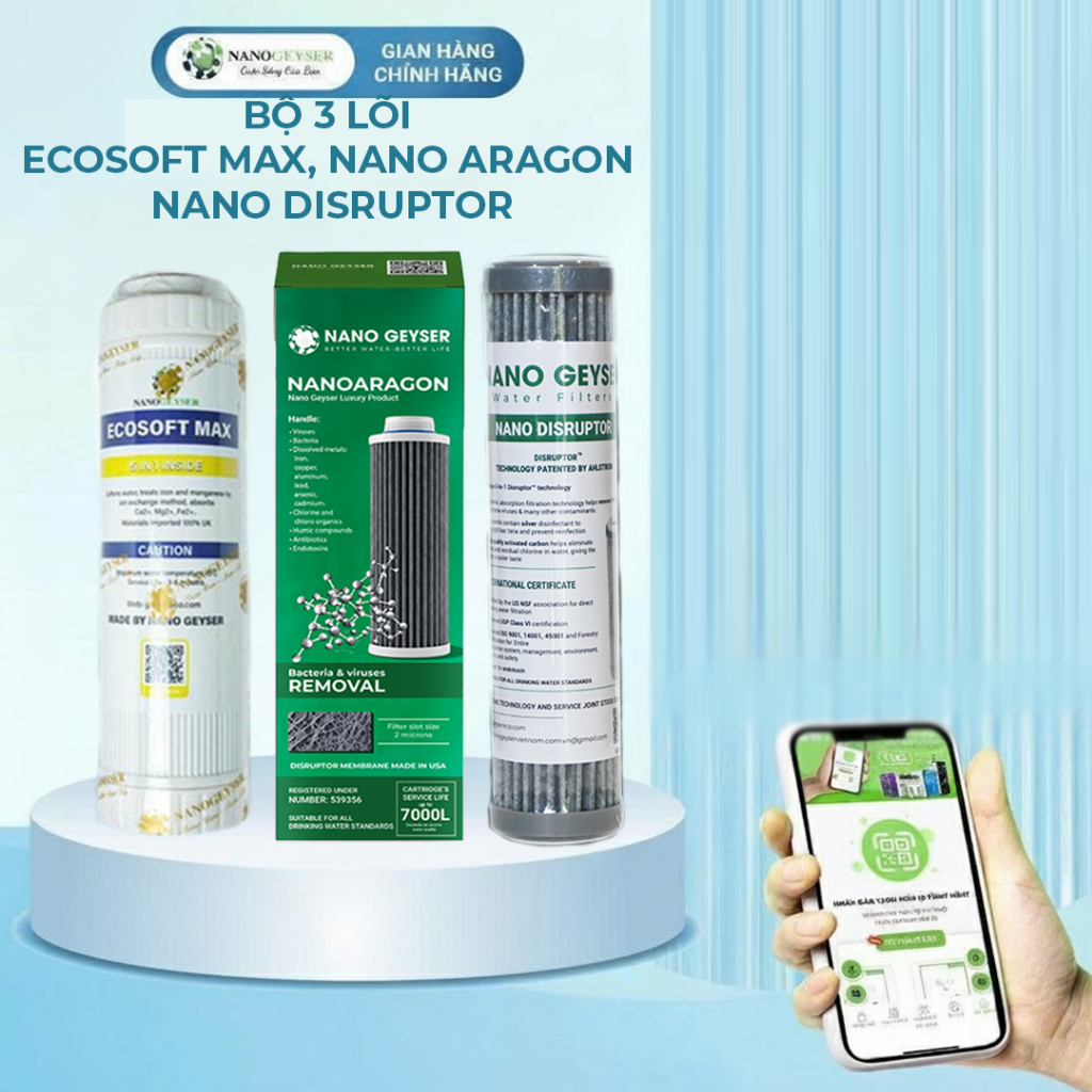 Bộ 3 lõi lọc nước 123 dùng cho máy Geyser 4, Geyser 8, lõi Ecosoft max, lõi Nano Aragon, lõi Disrupt