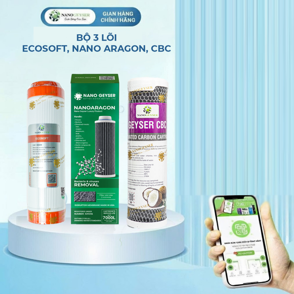 Bộ 3 lõi lọc nước 123 Nano Geyser dùng cho máy Eco Max, Geyser 5, lõi Ecosoft, Aragon, CBC
