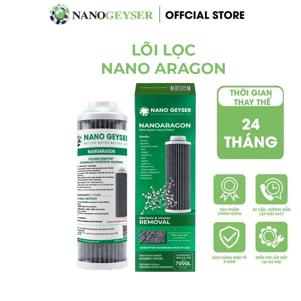 Lõi Aragon Nano Geyser, Lõi lọc chính máy NANO, Dùng cho các dòng máy lọc nước NANO, Geyser Eco, Eco