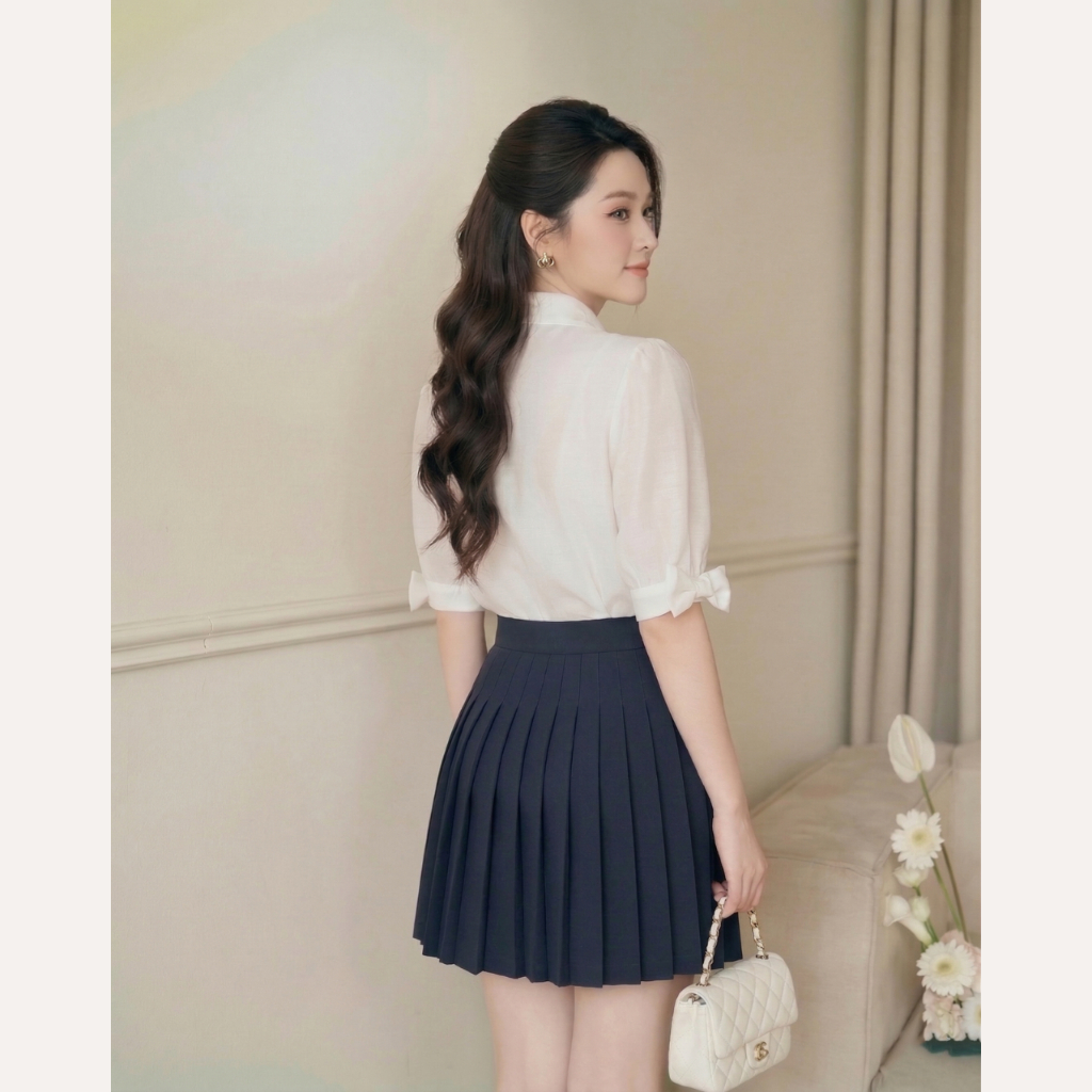 Áo sơ mi cổ sen thêu hoa, áo sơ mi tiểu thư phối nơ tay phồng vải bamboo ít nhăn Linly Store A-SM27 | BigBuy360 - bigbuy360.vn