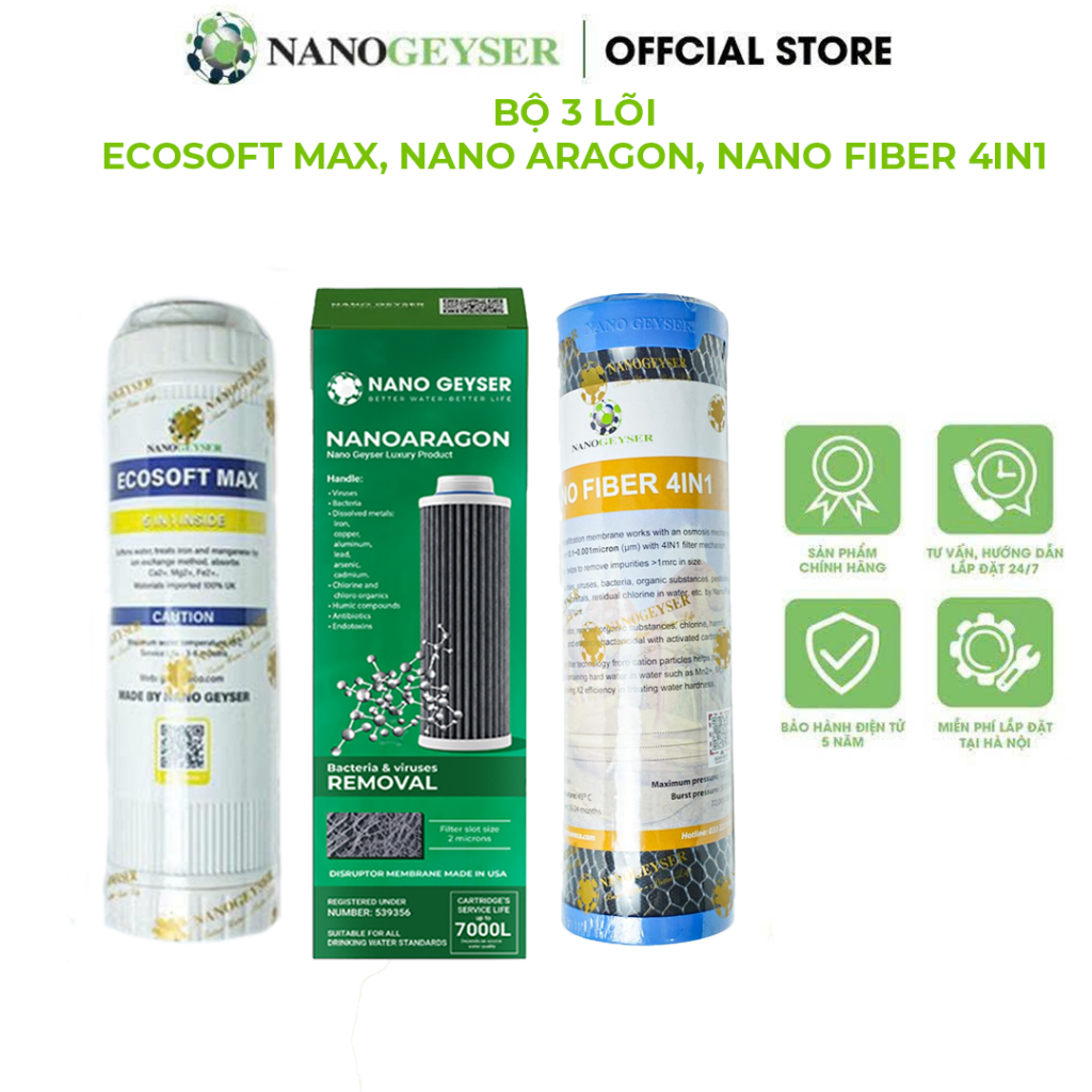 Bộ 3 lõi lọc máy Geyser Ecotar 3, Ecotar 4, Lõi Ecosoft Max, Nano Aragon, Nano Fiber 4IN1 Nano Geyse