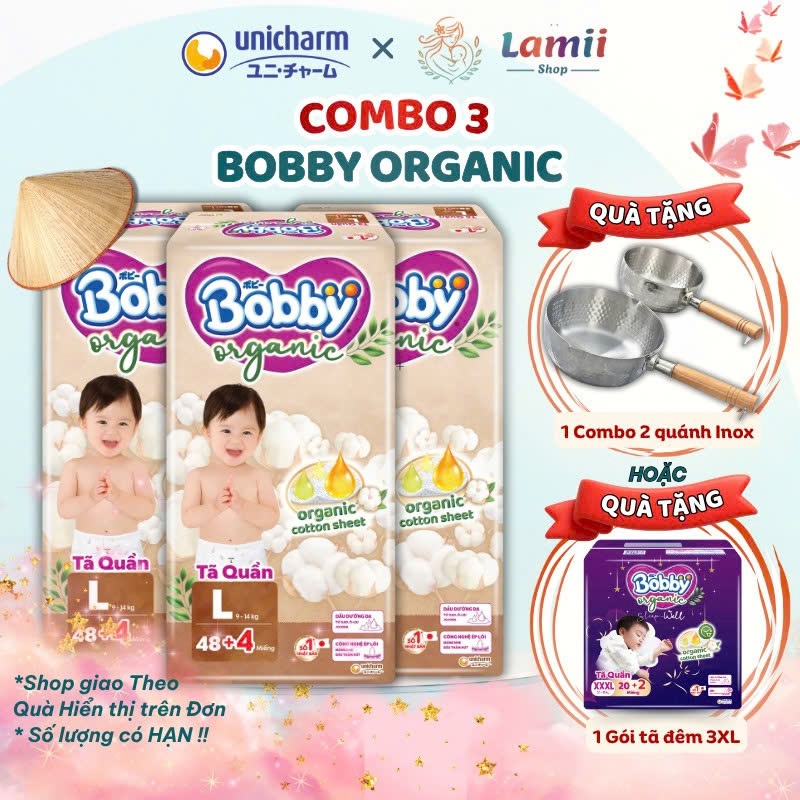 Combo 3 Tã Quần Bobby Organic ngày Bỉm Cao Cấp Bobby Chính Hãng cho bé full size M, L, XL, 2XL,3XXL