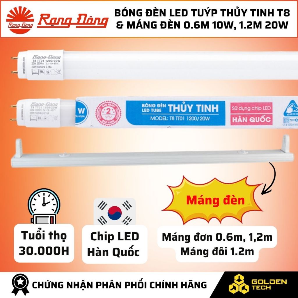 (Rạng Đông) Bóng đèn Led Tube Thuỷ tinh T8 0.6m 10W, 1.2m 20W Sáng trắng 6500K & Máng đèn đơn, đôi
