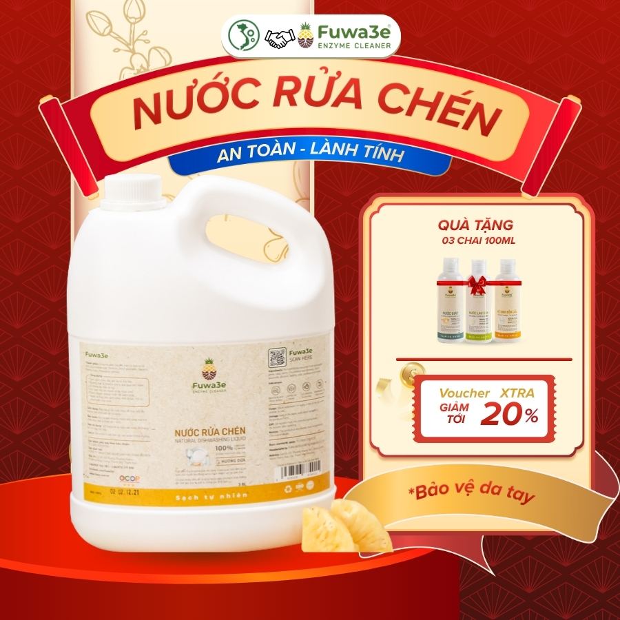 [ Tặng 3 chai nhỏ 100ml] Nước Rửa Chén Bát Fuwa3e Hữu Cơ Enzyme Sinh Học Organic 3.8L An Toàn Cho Bé Bảo Vệ Da Tay