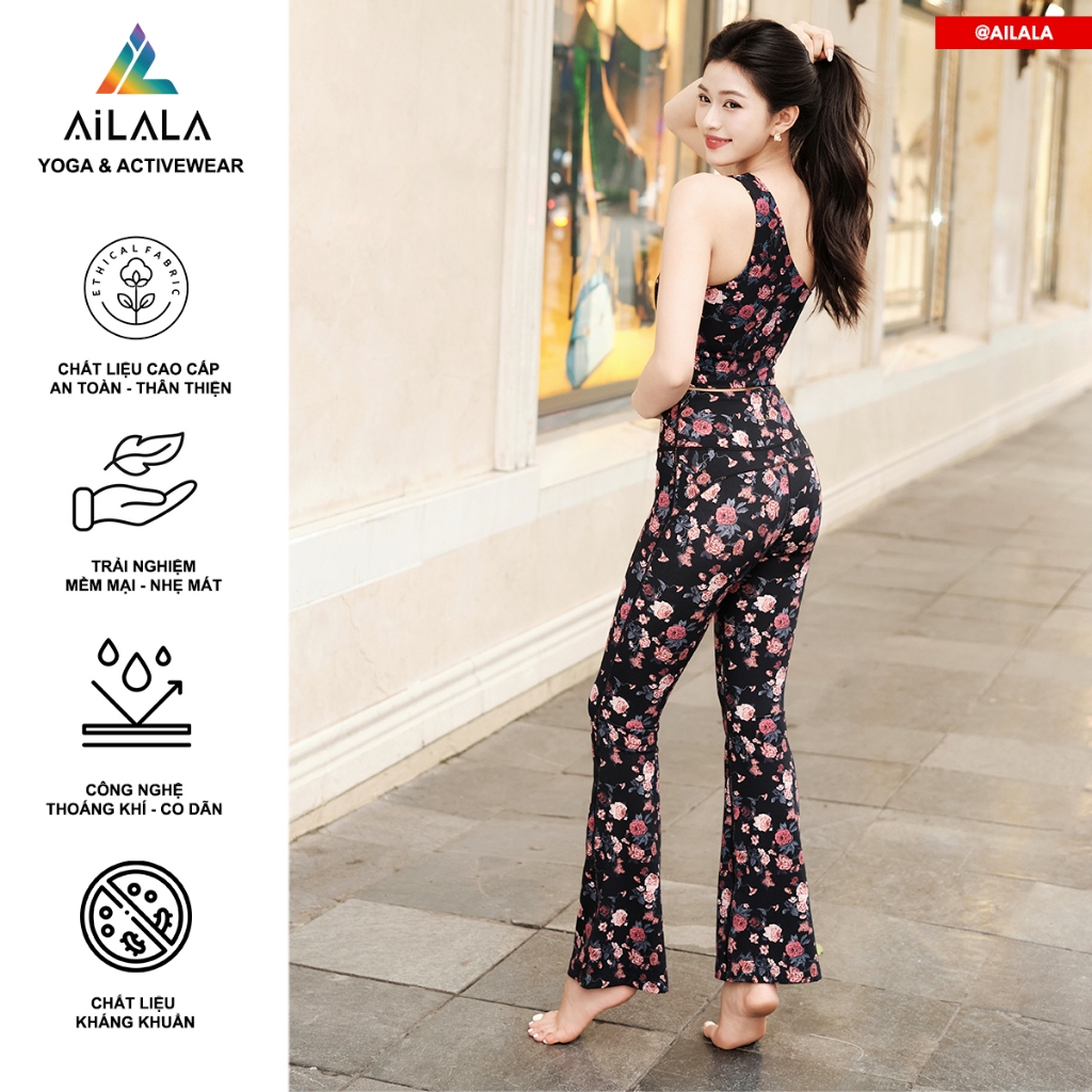 Bộ Đồ Tập Yoga Gym Nữ AiLALA, Quần Ống Loe Áo Sẵn Đệm, Họa Tiết Hoa Hồng Chất Liệu Cao Cấp