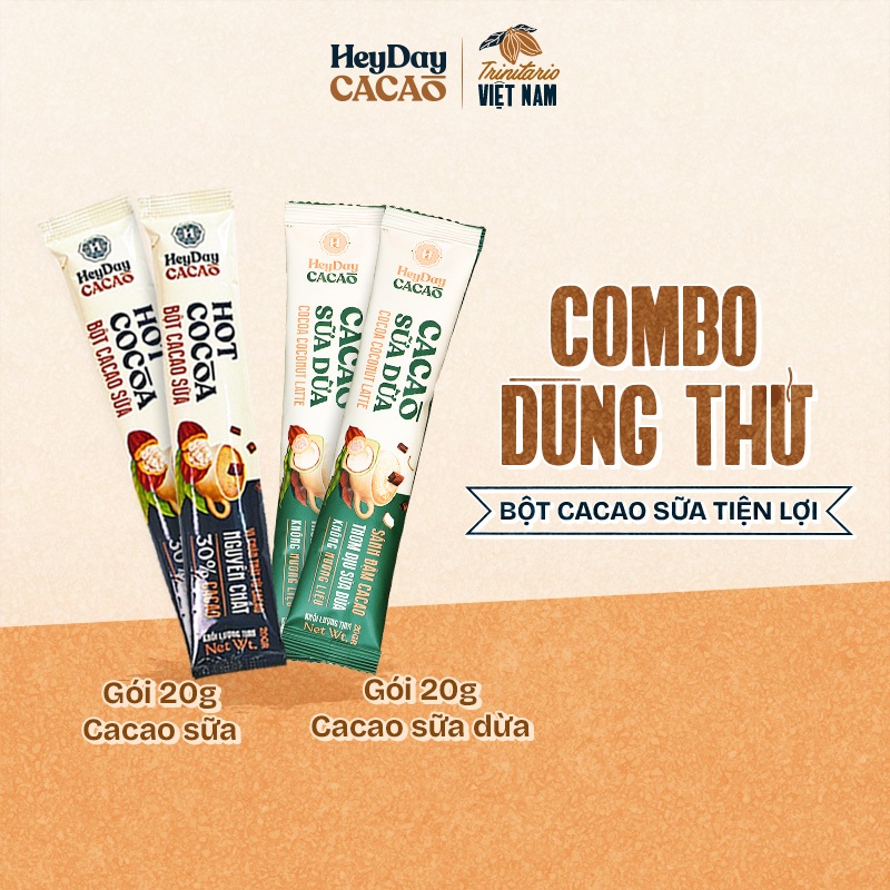 Combo 4 Gói Dùng Thử Dòng Bột Cacao Tiện Lợi -  2 gói 20g Bột Cacao Sữa và 2 gói 20g  Bột Cacao Sữa 