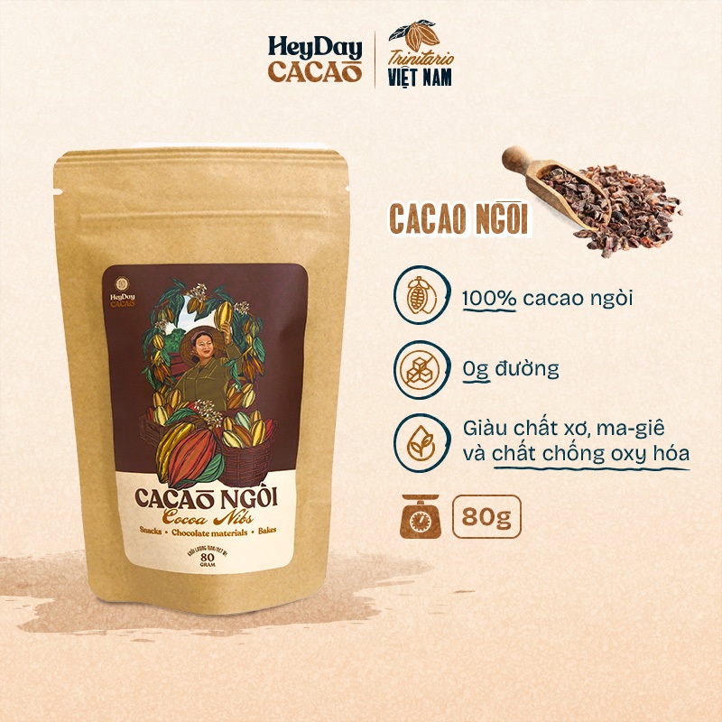 Túi 80g/250g Cacao ngòi được rang tự nhiên HEYDAY CACAO