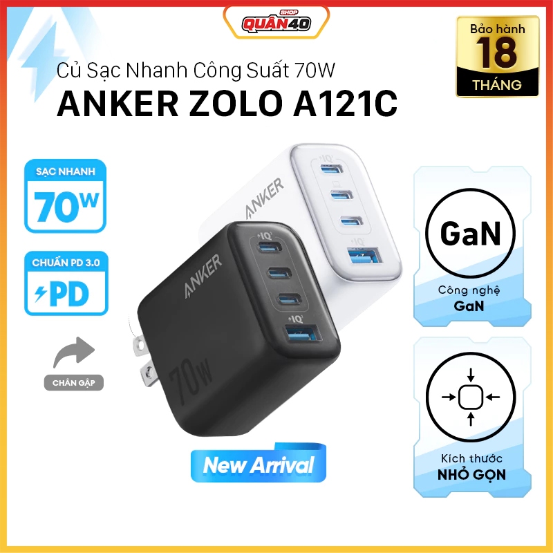 Củ Sạc Nhanh ANKER Zolo 70W | 4 Cổng Kết Nối | Chân Gập - Hàng Chính Hãng