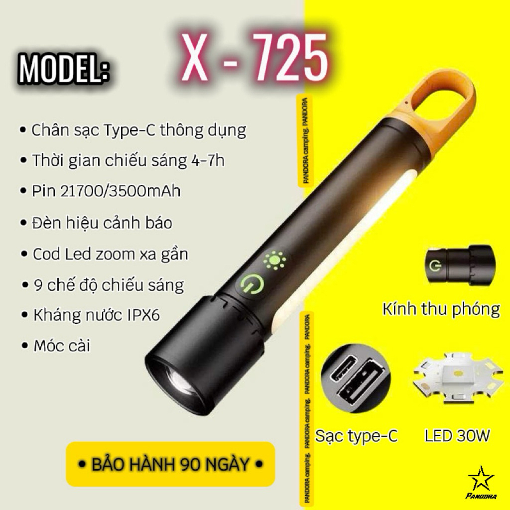 Đèn Pin X725 siêu sáng, kháng nước - Đèn hiệu cảnh báo, 9 chế độ chiếu sáng. Hợp kim nhôm cao cấp