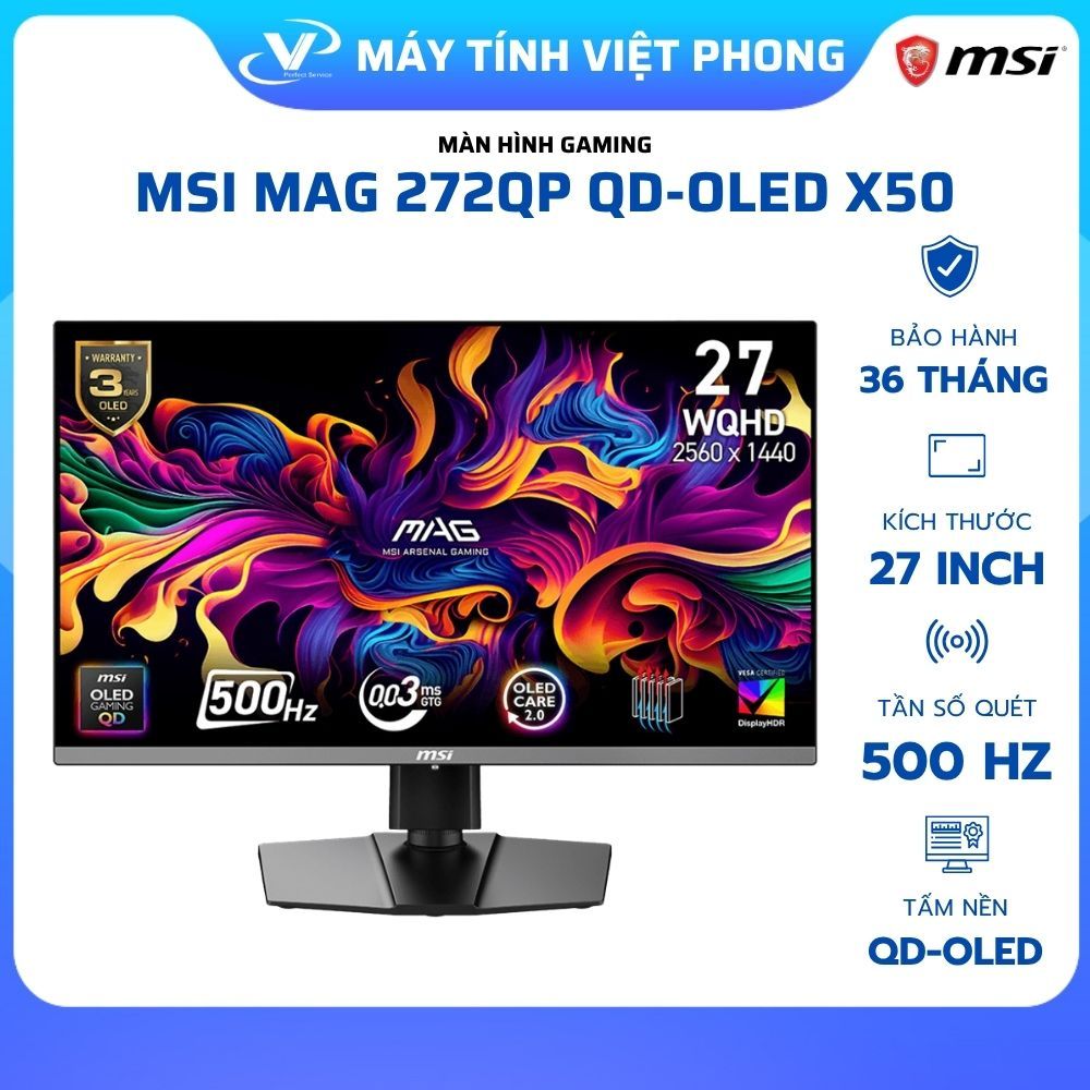 MÀN HÌNH GAMING MSI MAG 272QP QD-OLED X50 (26.5"/QD OLED/QHD/500Hz/0.03ms) CHÍNH HÃNG BẢO HÀNH 3 NĂM