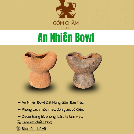 An nhiên bowl gốm chăm bàu trúc thủ công, mộc mạc, đơn giản, decor bàn kệ, phòng làm việc. 21x18