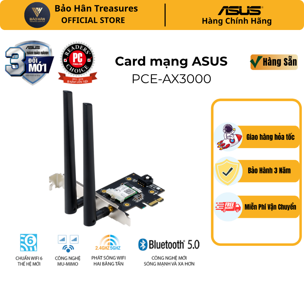 Card Mạng PCIe WiFi 6, Blutetooth 5.0, ASUS PCE-AX3000 Chuẩn AX3000 (Tray no box) - Hàng Chính Hãng