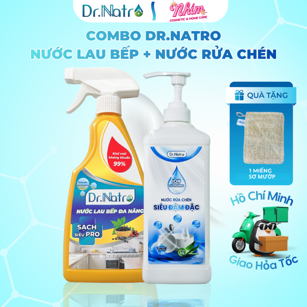 Dr.Natro - COMBO Nước Lau Bếp Dr.Natro & Nước Rửa Chén Siêu Đậm Đặc Dr.Natro + tặng 1 miếng sơ mướp