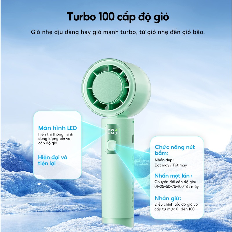 Quạt Cầm Tay Vention 100 Cấp Độ Gió, Pin 3000mAh 8H, Gập 90°, LED Hiển Thị, Tặng kèm dây đeo | BigBuy360 - bigbuy360.vn