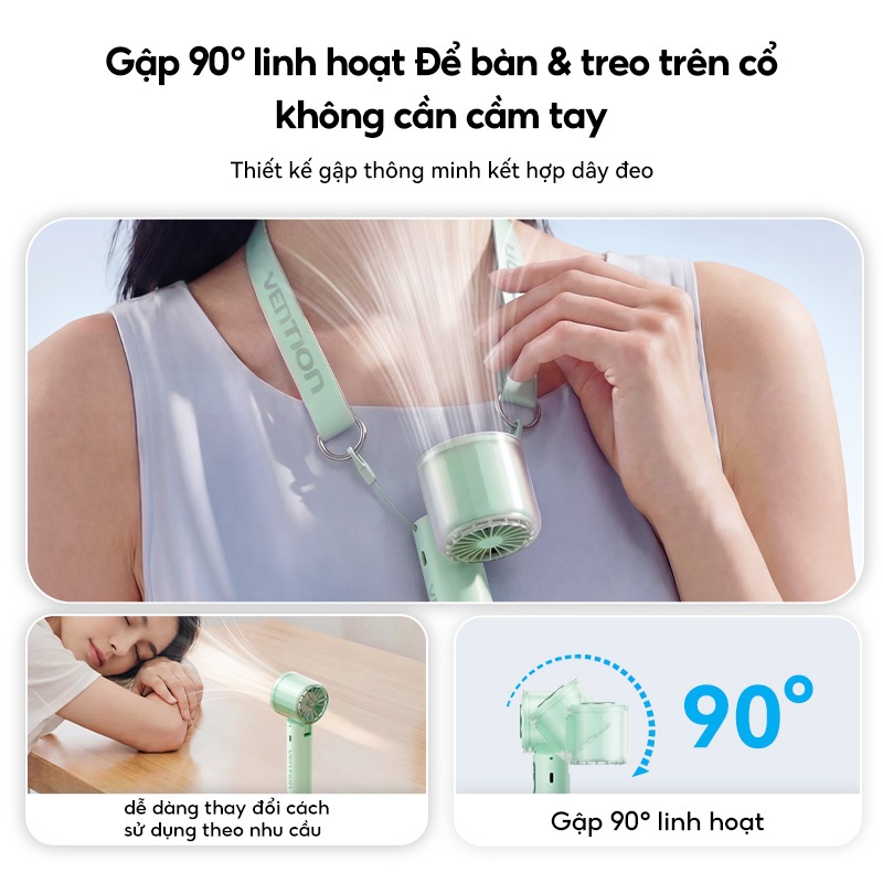 Quạt Cầm Tay Vention 100 Cấp Độ Gió, Pin 3000mAh 8H, Gập 90°, LED Hiển Thị, Tặng kèm dây đeo | BigBuy360 - bigbuy360.vn