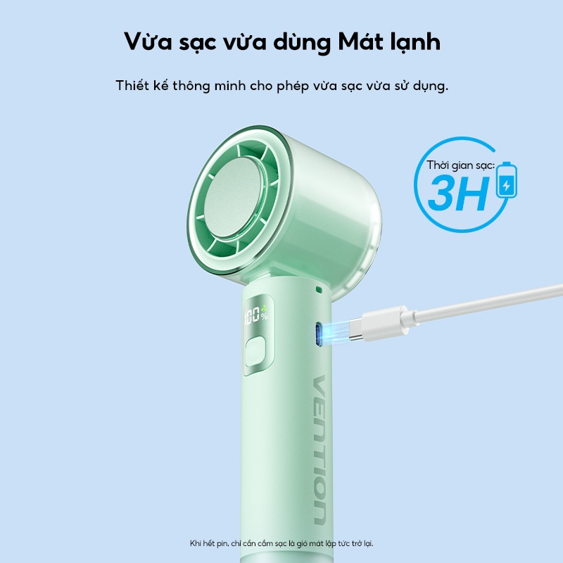 Quạt Cầm Tay Vention 100 Cấp Độ Gió, Pin 3000mAh 8H, Gập 90°, LED Hiển Thị, Tặng kèm dây đeo | BigBuy360 - bigbuy360.vn