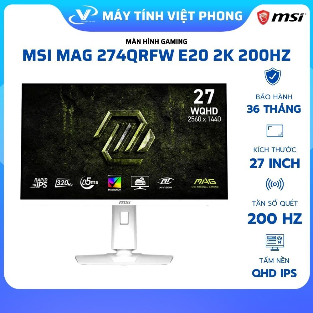MÀN HÌNH GAMING 2K 200HZ MSI MAG 274QRFW E20 (27"/QHD/ 0.5ms/200Hz/IPS) - CHÍNH HÃNG BẢO HÀNH 3 NĂM
