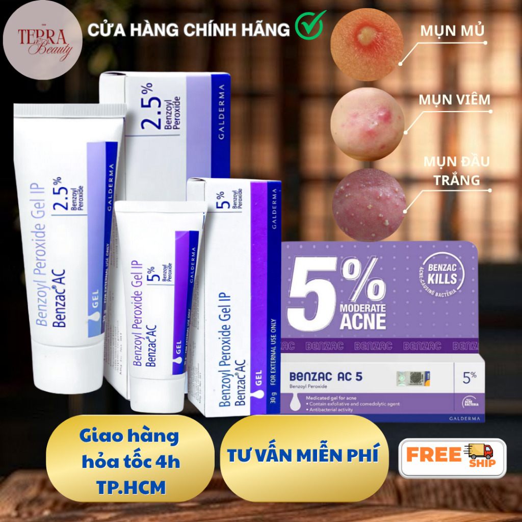Galderma | Benzac AC | Benzoyl Peroxide 2.5% - 5% Gel 15gram - 30gram | Hỗ trợ giảm mụn viêm mụn trứ
