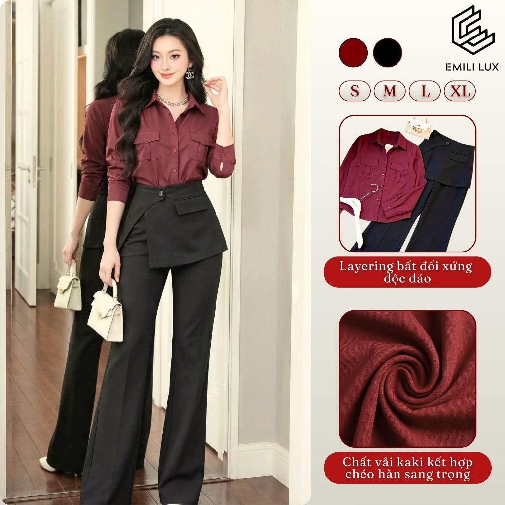 Set sơ mi nữ công sở dài tay phối quần ống loe cạp cao EMILI DESIGN thanh lịch, cao cấp [B189]