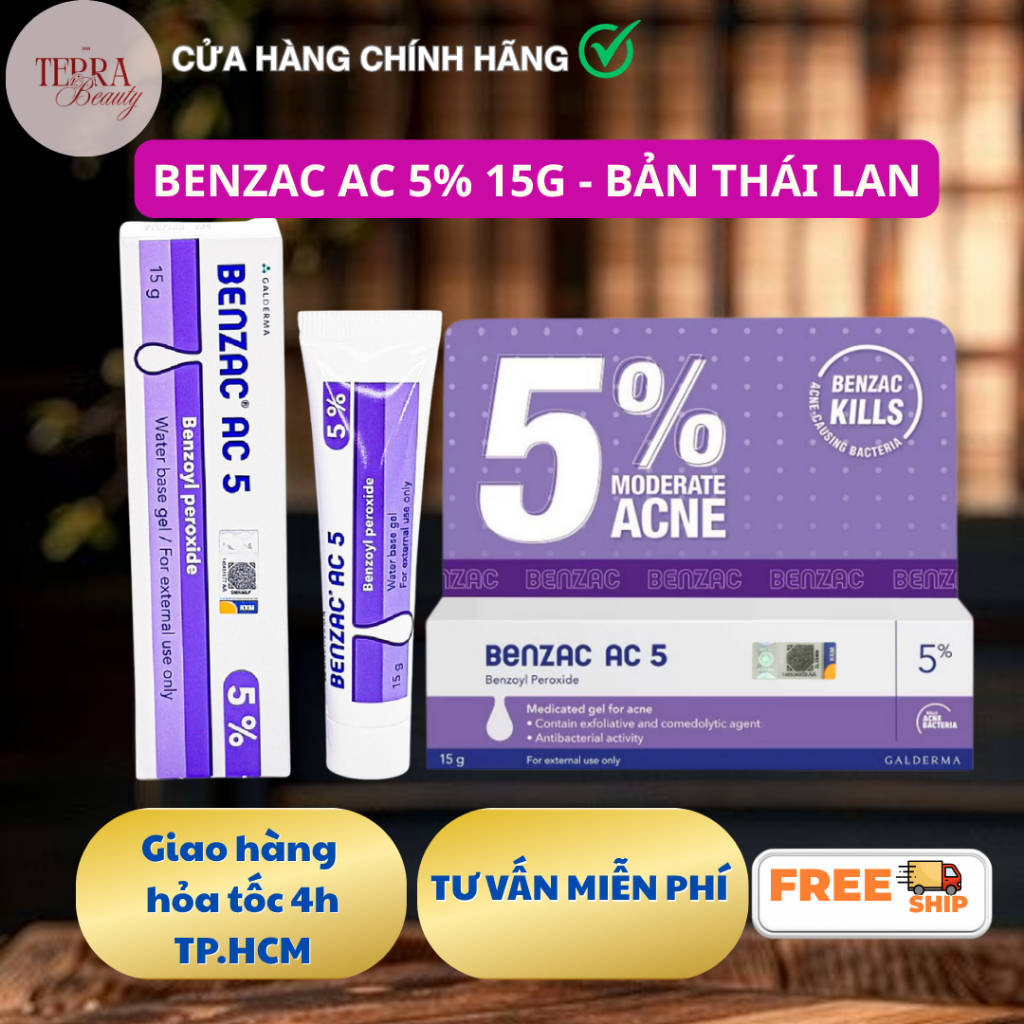 Galderma Benzac AC | Benzoyl Peroxide 5% 15gram Thái Lan | Hỗ trợ giảm mụn viêm mụn trứng cá