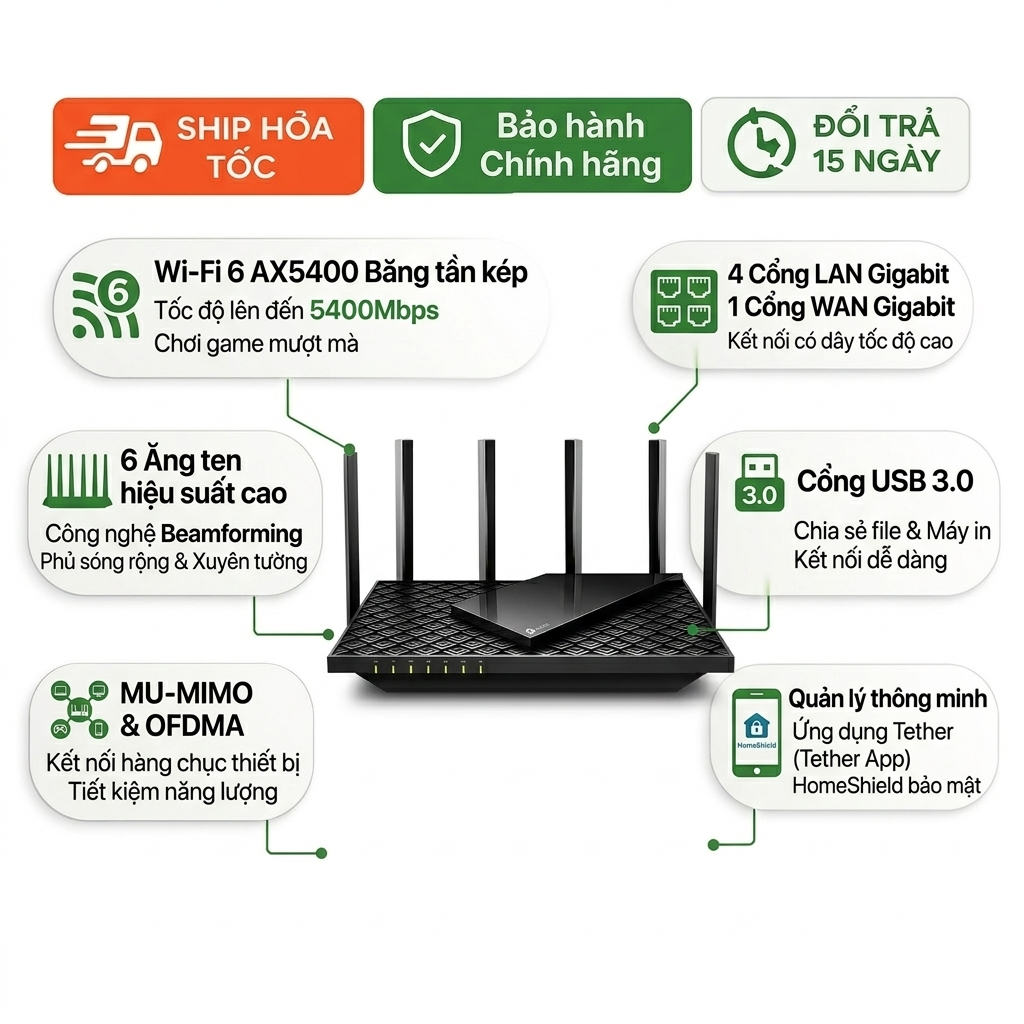 Router Wifi TP-Link Archer AX73 AX5400 Wifi 6 Gigabit MU-MIMO Phát Sóng Mạnh