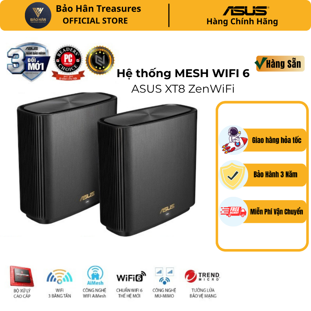 Bộ Phát WIFI6 Asus ZenWiFi XT8 2 Pack AX6600 3 Băng Tần - Hàng Chính Hãng Asus Việt Nam