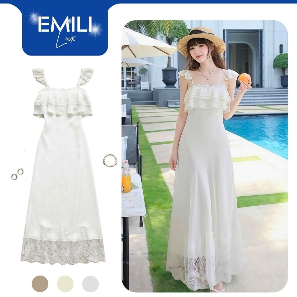 Váy maxi 2 dây trắng Emili Lux đầm hai dây bèo ngực phối ren cao cấp đi biển đi tiệc sang chảnh V567