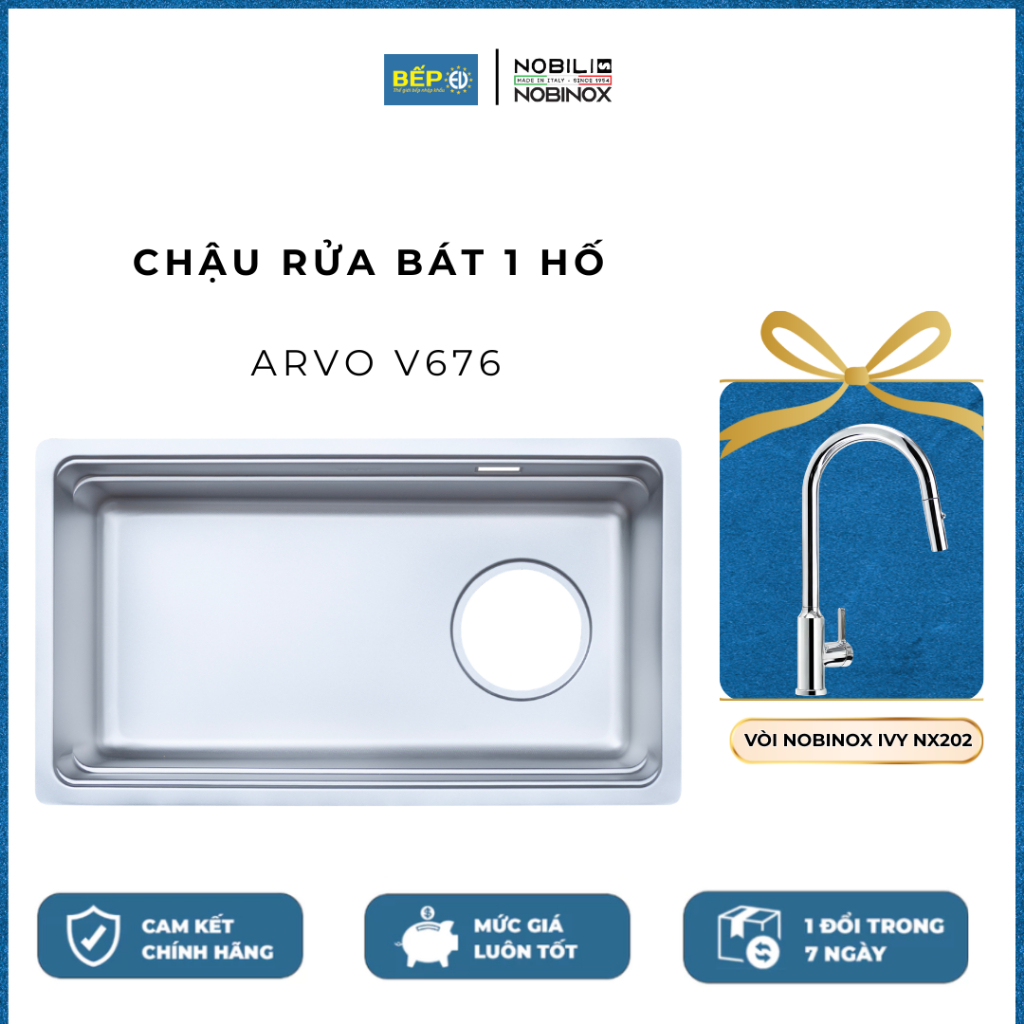 Chậu rửa bát 1 hố Nobinox ARVO V676 Kèm vòi rửa bát dây rút Nobinox IVY NX202