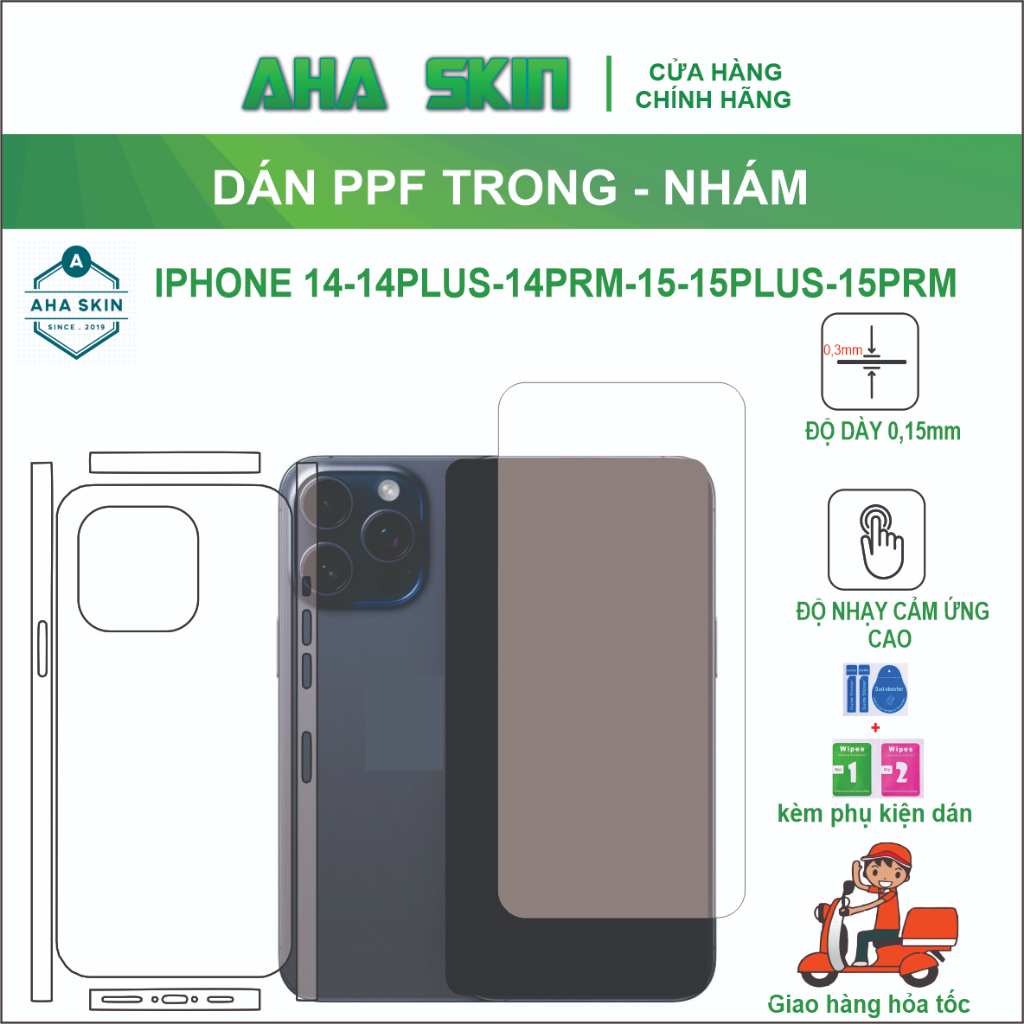 Miếng dán PPF full lưng viền Ip14/14plus/14pro/14promax/15/15plus/15pro/15promax trong nhám, Chống t