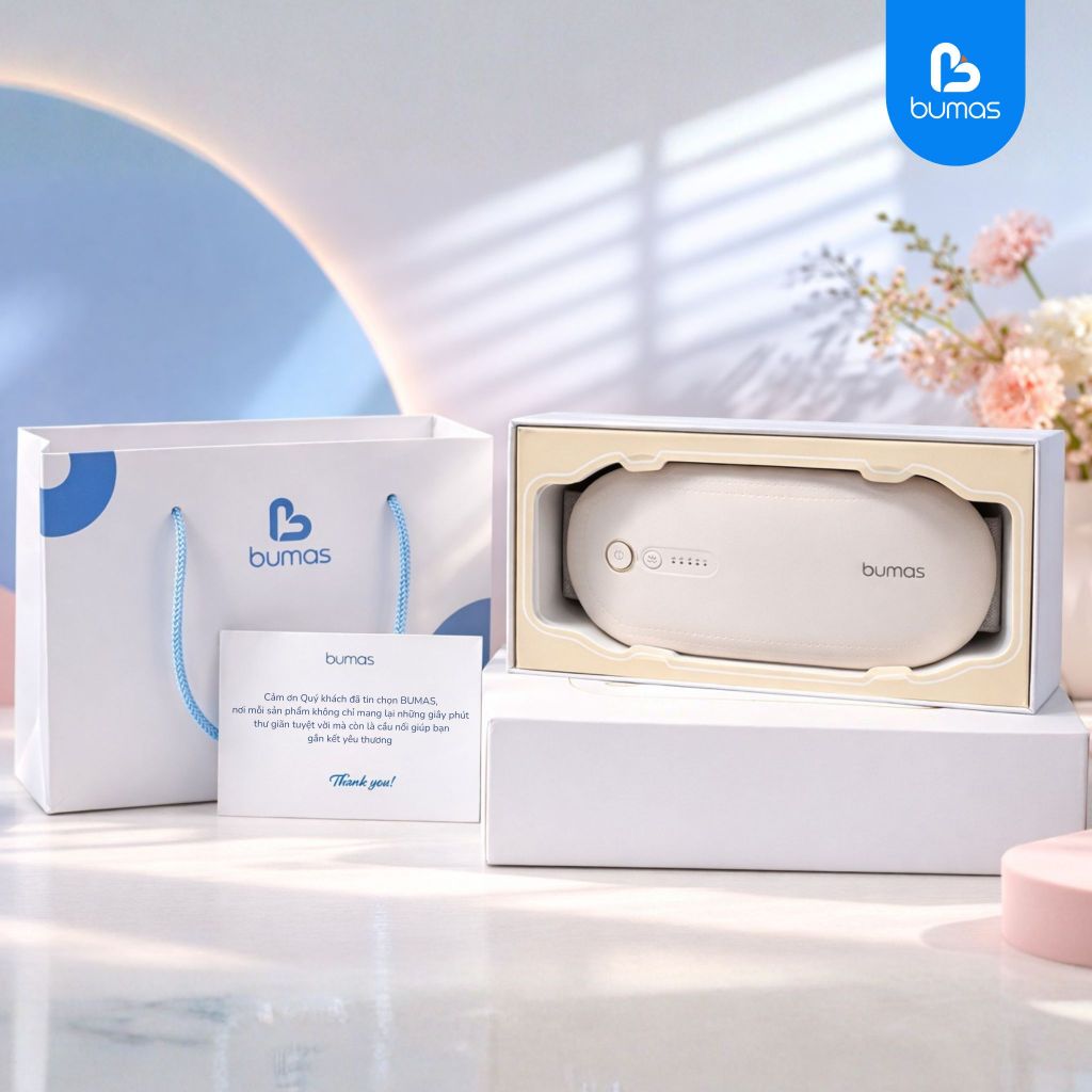 [Set Quà] Máy Chườm Bụng Kinh BUMAS BU01 - Đai Massage Giảm Đau Bụng Kinh - Chườm Âm - Quà Tặng