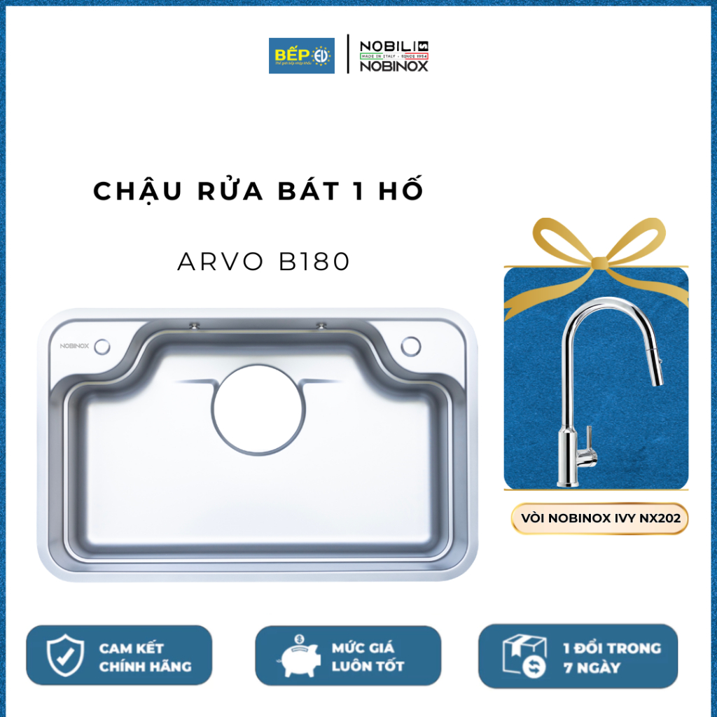CHẬU RỬA BÁT 1 HỐ NOBINOX ARVO B180 Kèm vòi rửa bát dây rút Nobinox IVY NX202