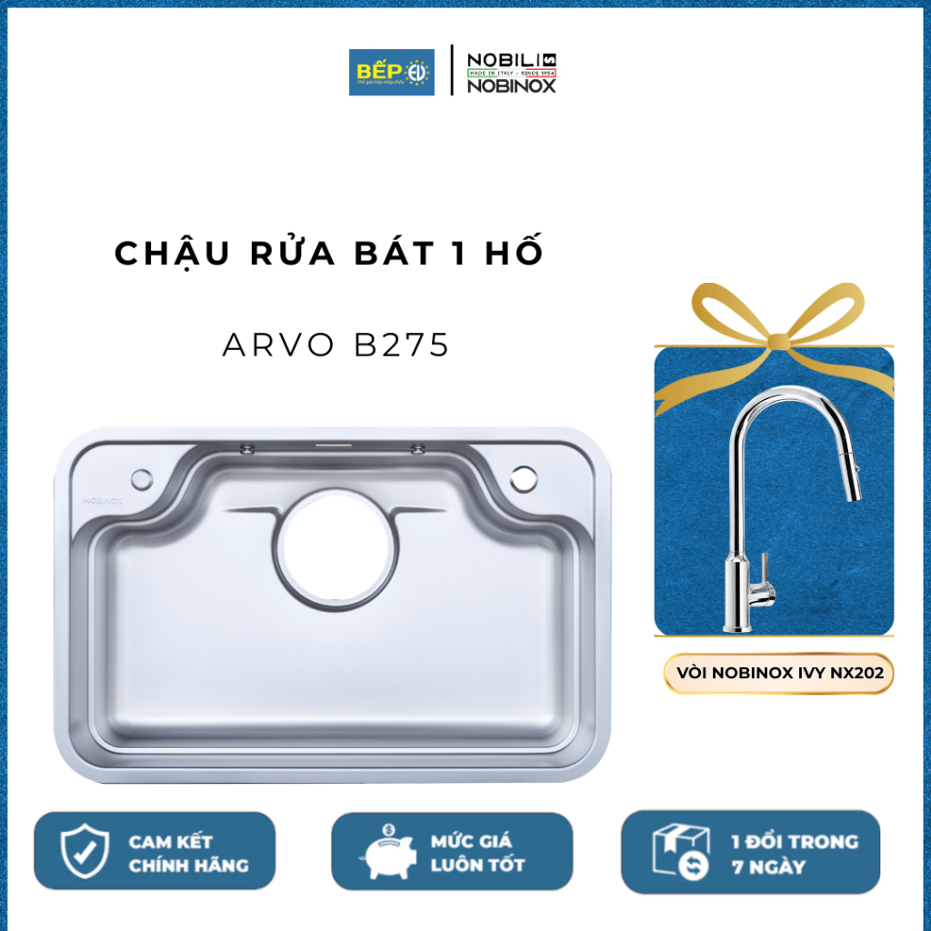 Chậu rửa bát 1 hố Nobinox  ARVO B275 Kèm vòi rửa bát dây rút Nobinox IVY NX202