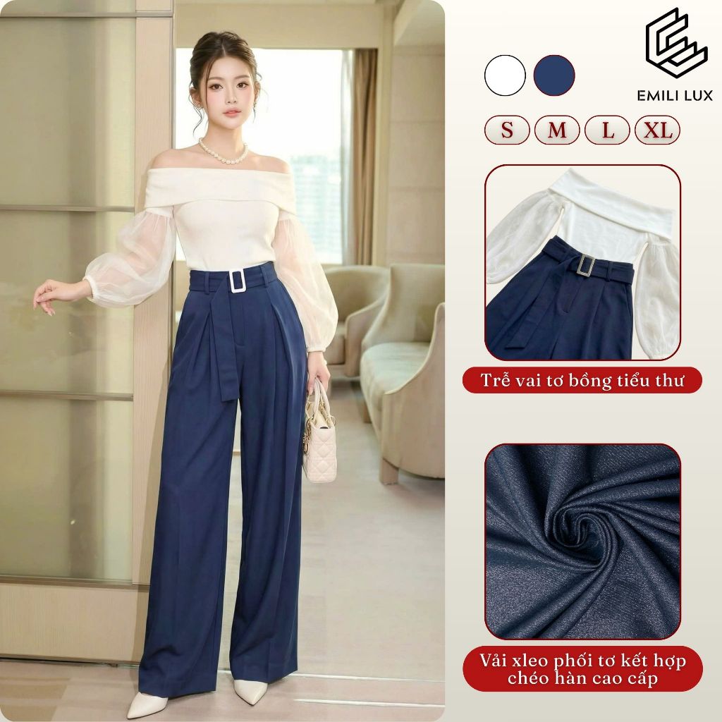 Set áo trễ vai tay voan nữ phối quần suông cạp cao EMILI DESIGN công sở, thanh lịch [B188]
