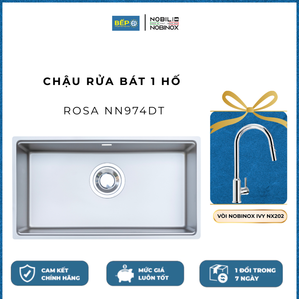 Chậu rửa bát 1 hố Nobinox ROSA NN974DT Kèm vòi rửa bát dây rút Nobinox IVY NX202