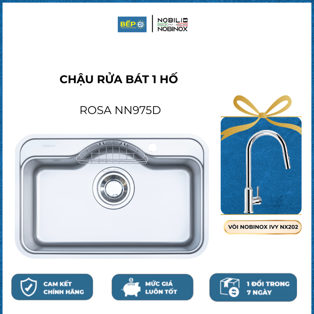 Chậu rửa bát 1 hố Nobinox ROSA NN975D Kèm vòi rửa bát dây rút Nobinox IVY NX202