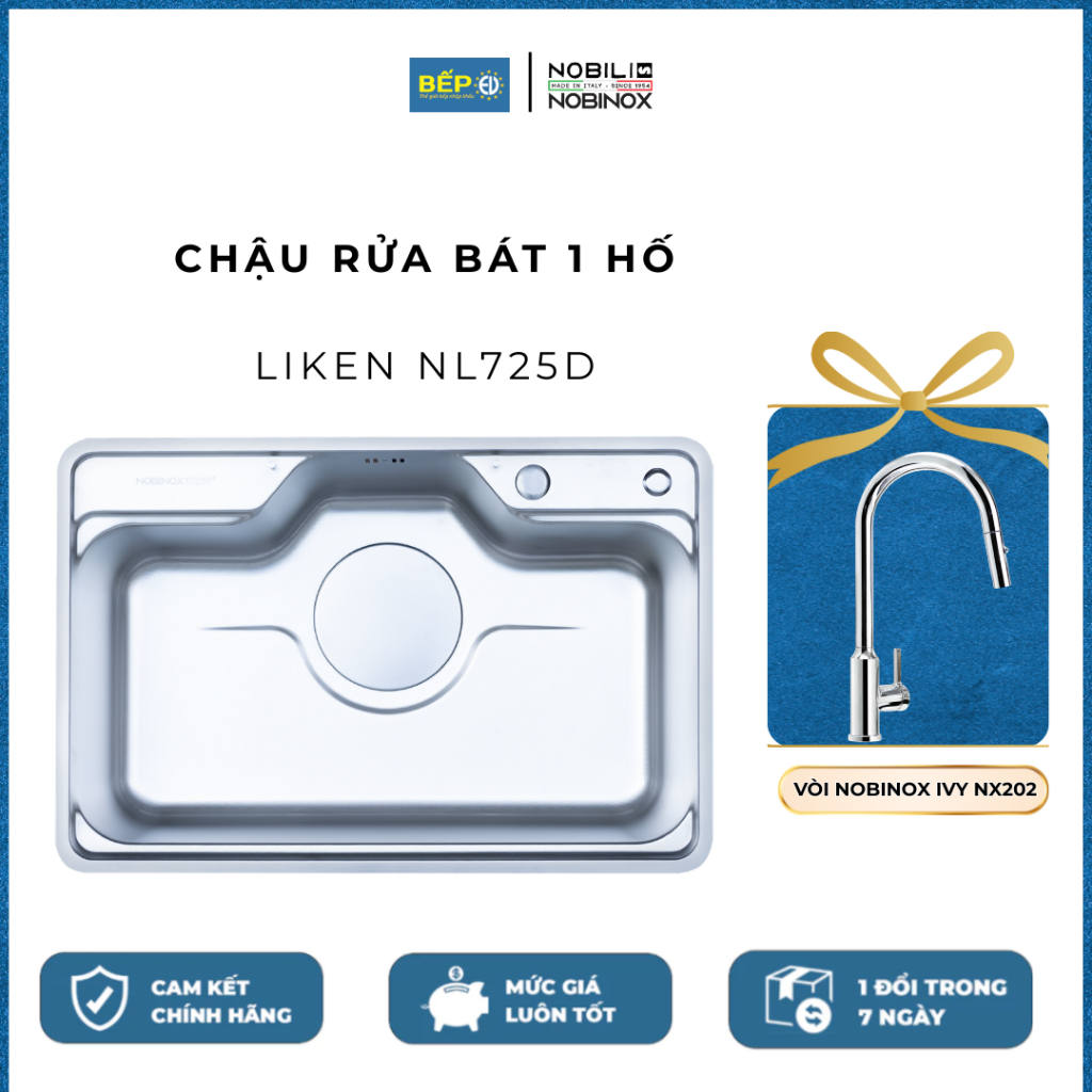 CHẬU RỬA BÁT 1 HỐ NOBINOX LIKEN NL725D Kèm vòi rửa bát dây rút Nobinox IVY NX202