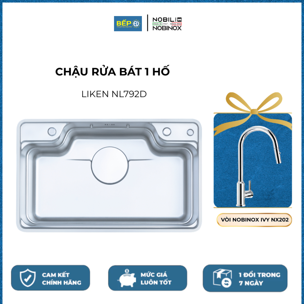 Chậu rửa bát 1 hố Nobinox LIKEN NL792D Kèm vòi rửa bát dây rút Nobinox IVY NX202