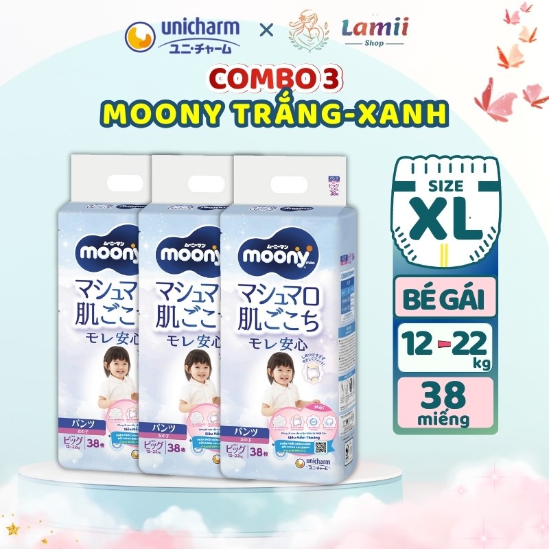 Combo 3 Bỉm Moony xanh, Moony trắng Tả Nhật bỉm dãn và quần siêu mềm mại full size có cộng miếng