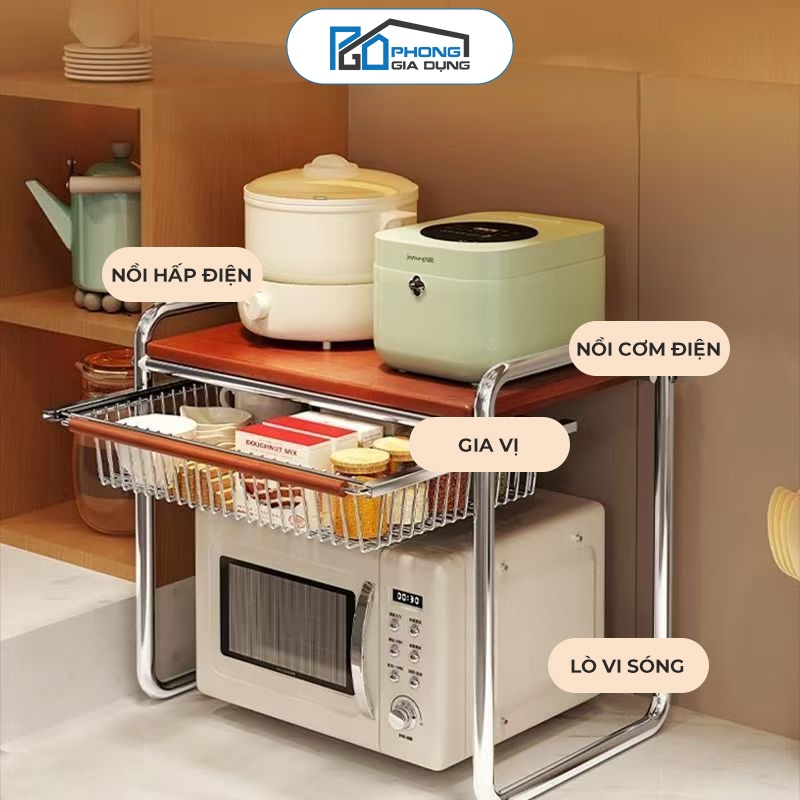 Kệ Lò Vi Sóng 2 Tầng Inox Cao Cấp, Kệ Để Đồ Nhà Bếp Đa Năng Mặt Gỗ MDF Có Ngăn Kéo Trượt