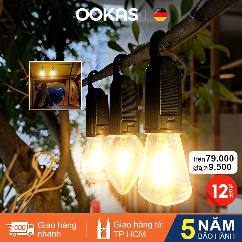 OOKAS Đèn đa chức năng cầm tay có sợi đốt vonfram, Đèn cắm trại năng lượng mặt trời