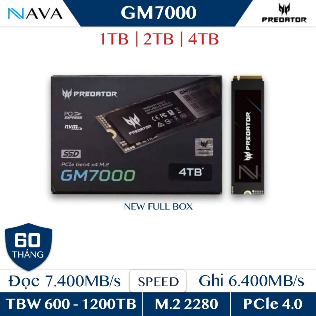 SSD Predator GM7000 1TB 2TB 4TB NVMe Gen 4 PCIe Có DRAM Tốc độ Cao, Có HeadSink tích hợp, BH 5 năm