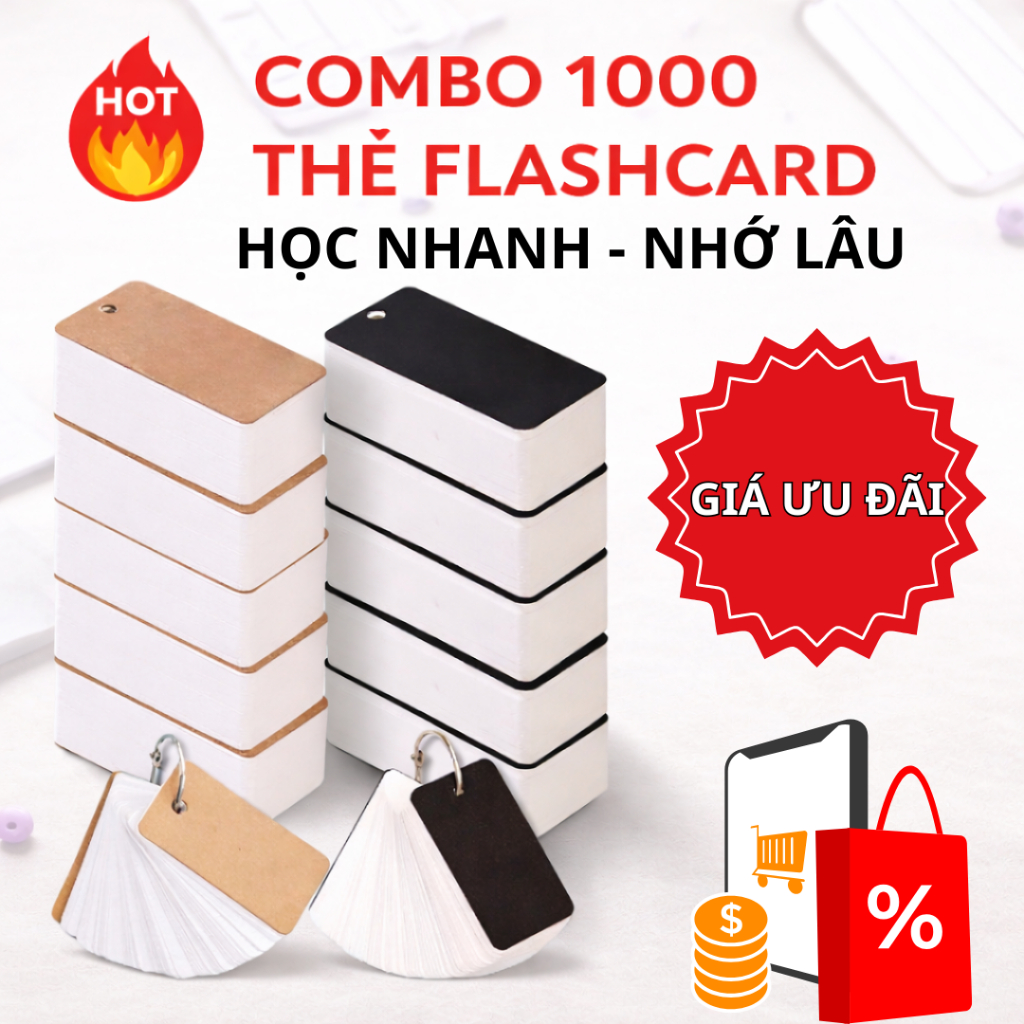 Thẻ flashcard trắng học từ vựng loại dày đẹp, thẻ ghi nhớ flashcard hỗ trợ học tiếng Anh, tiếng Trun