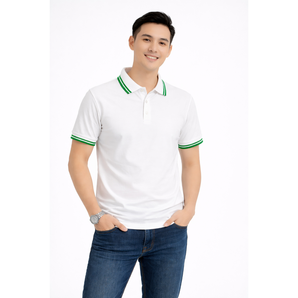 Áo Polo Trắng Phối Bo 2 Sọc Xanh Lá ANDROMEDA Form Xuông Unisex Vải Cá Sấu Co Giãn Đồng Phục Nam Nữ | BigBuy360 - bigbuy360.vn