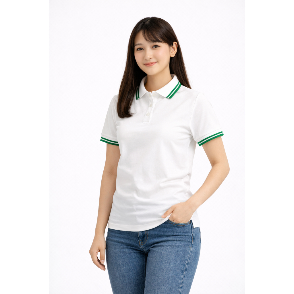 Áo Polo Trắng Phối Bo 2 Sọc Xanh Lá ANDROMEDA Form Xuông Unisex Vải Cá Sấu Co Giãn Đồng Phục Nam Nữ | BigBuy360 - bigbuy360.vn