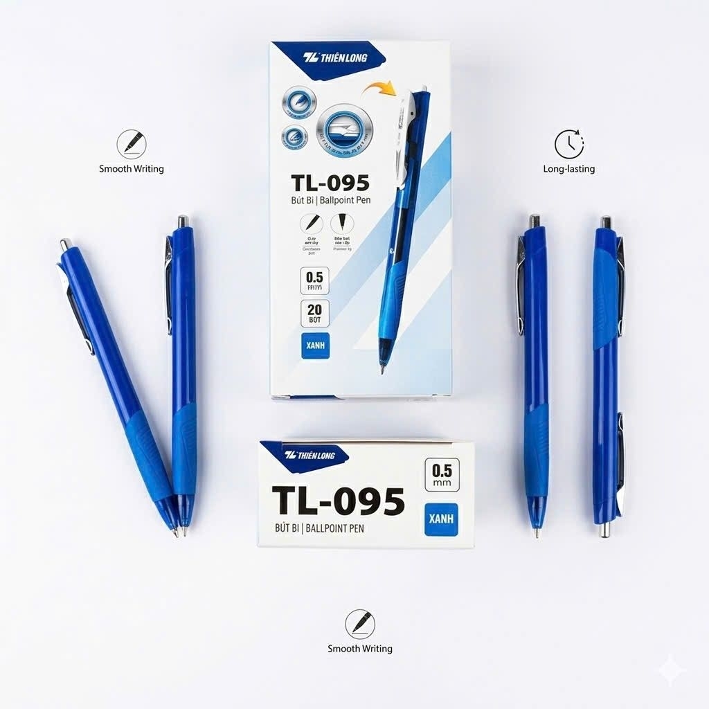Bút Bi Thiên Long TL-095 Xanh 0.5mm Hộp 20 Cây Viết Mượt Không Tắc Mực