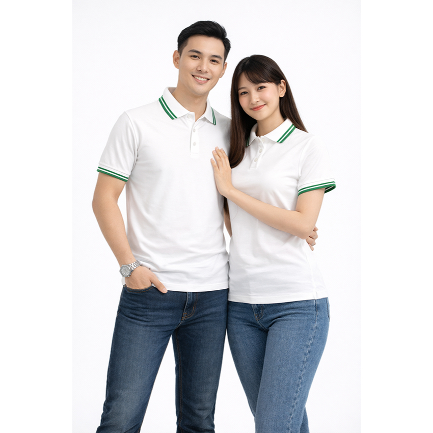 Áo Polo Trắng Phối Bo 2 Sọc Xanh Lá ANDROMEDA Form Xuông Unisex Vải Cá Sấu Co Giãn Đồng Phục Nam Nữ | BigBuy360 - bigbuy360.vn